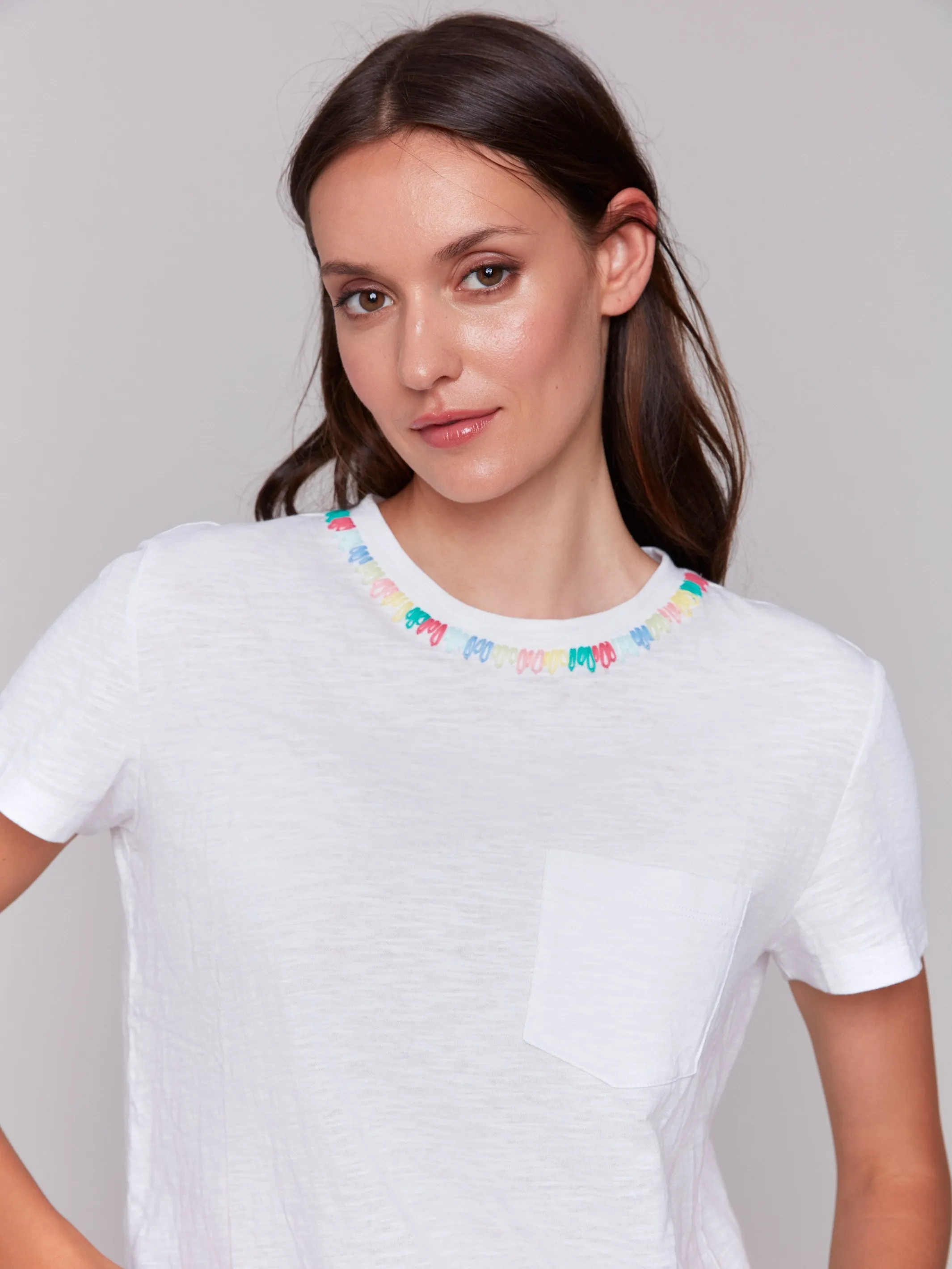 Embroidered Neckline Cotton T-Shirt - White