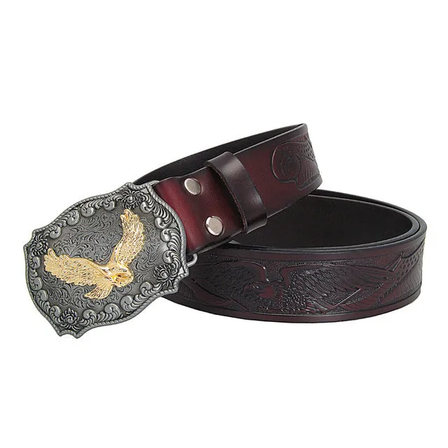 Fashion Casual Men's Leather Belts Top Quality Eagle Totem Copper Smooth Buckle Retro Belt For Men's Jeans