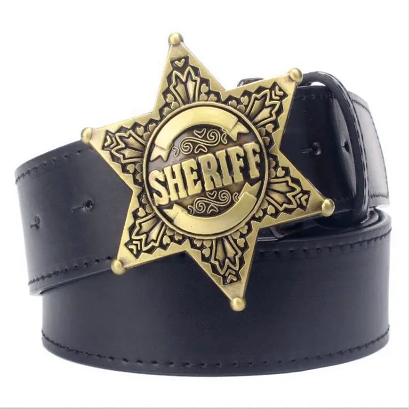 Fashion Men's belt metal buckle belts Sheriff badge Retro Hexagon star sign western style cowboy Pu leather belt