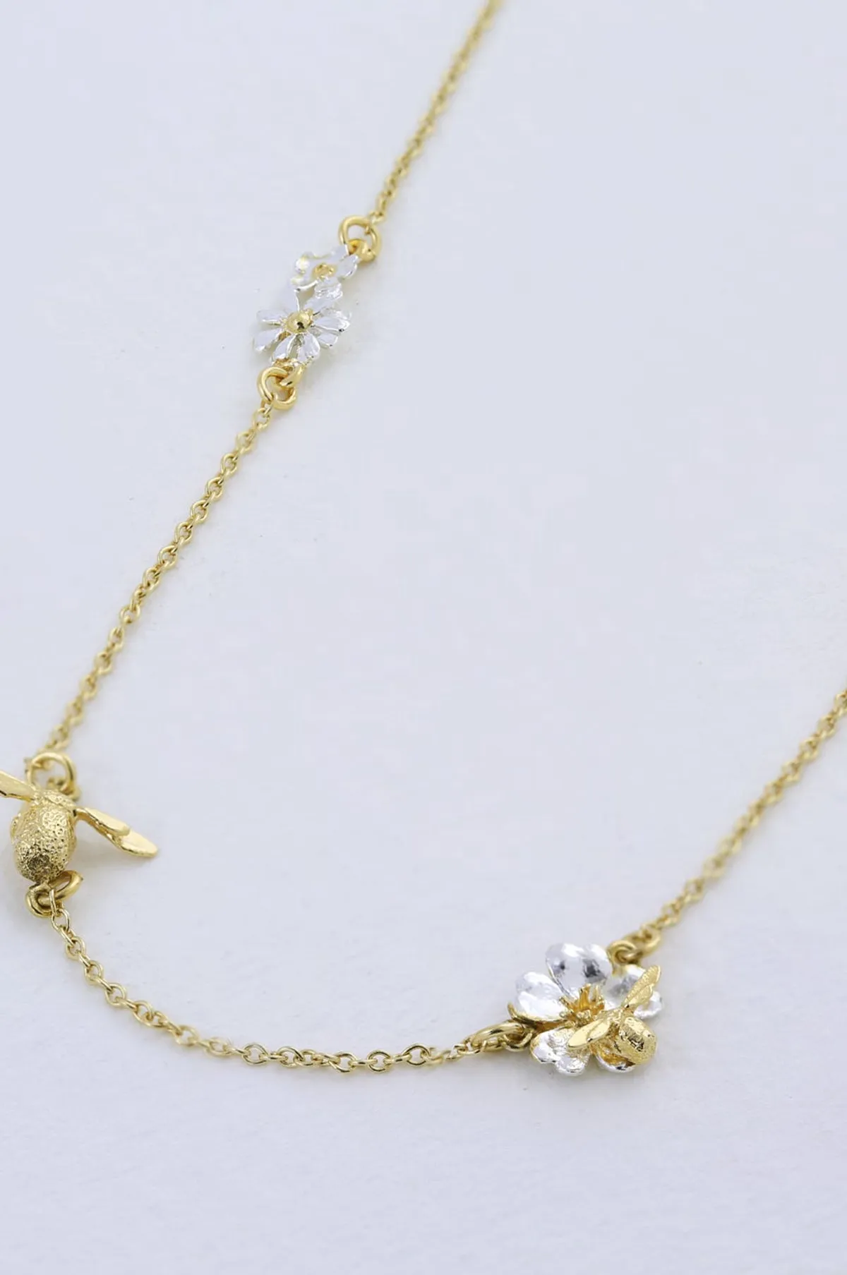 Floral Chain Necklace with Teeny Tiny Bee Gold and Silver
