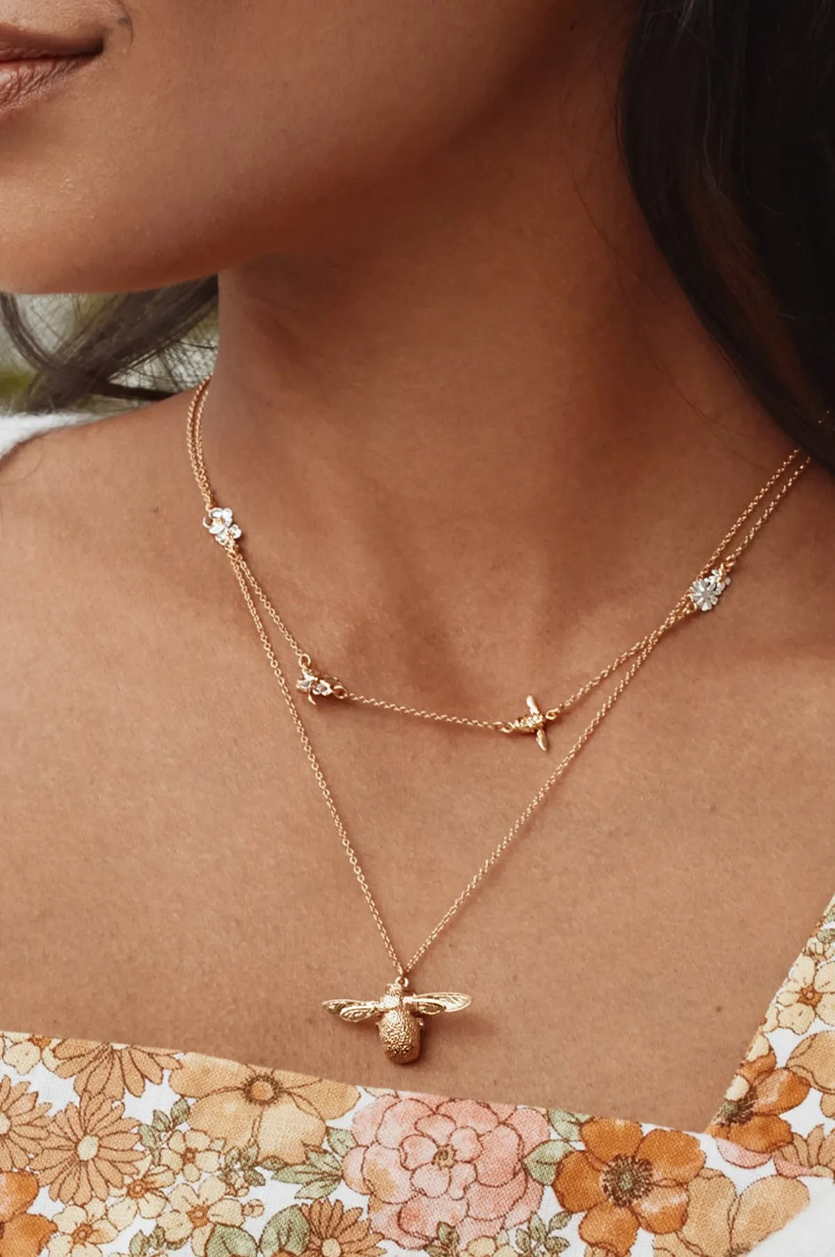Floral Chain Necklace with Teeny Tiny Bee Gold and Silver