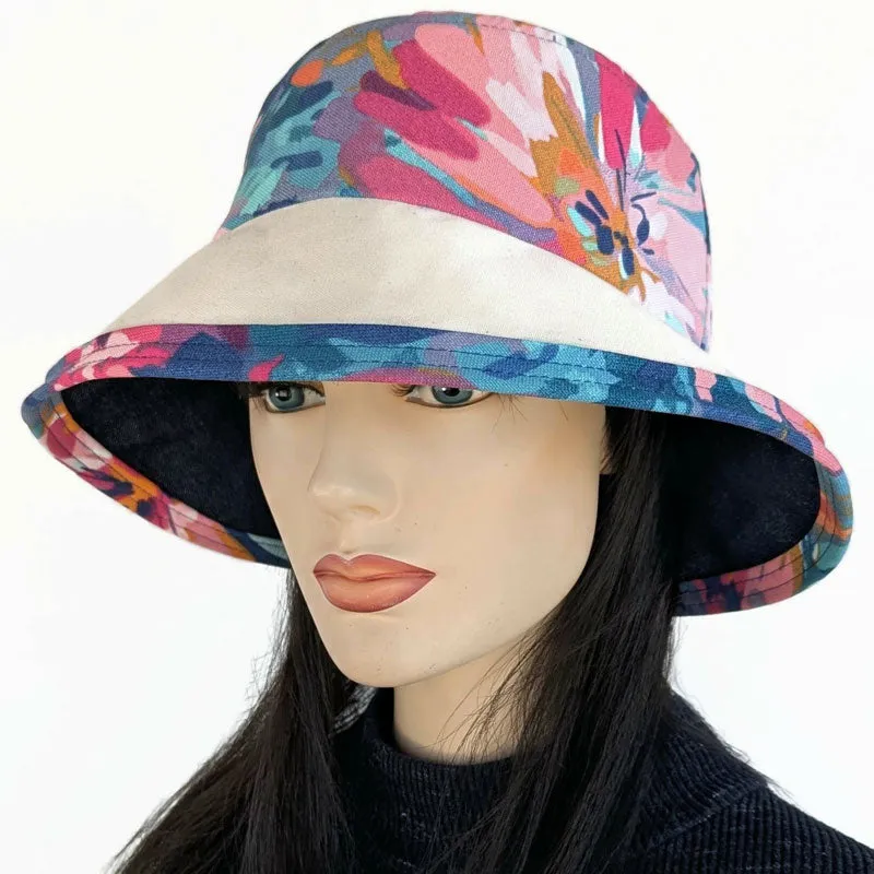 Fun Hat UV summer sun hat built to resist sun, rain and stains, navy and red floral