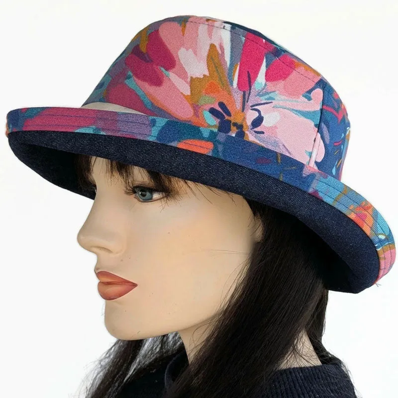 Fun Hat UV summer sun hat built to resist sun, rain and stains, navy and red floral