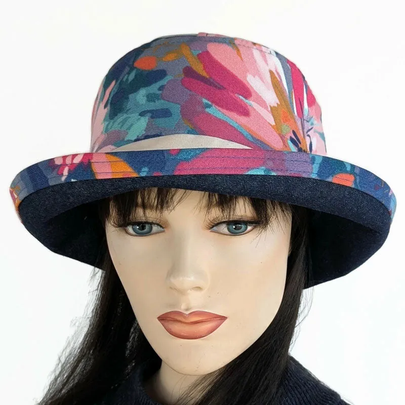 Fun Hat UV summer sun hat built to resist sun, rain and stains, navy and red floral