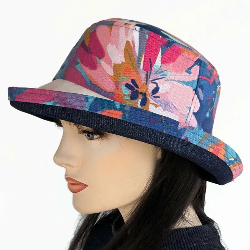 Fun Hat UV summer sun hat built to resist sun, rain and stains, navy and red floral