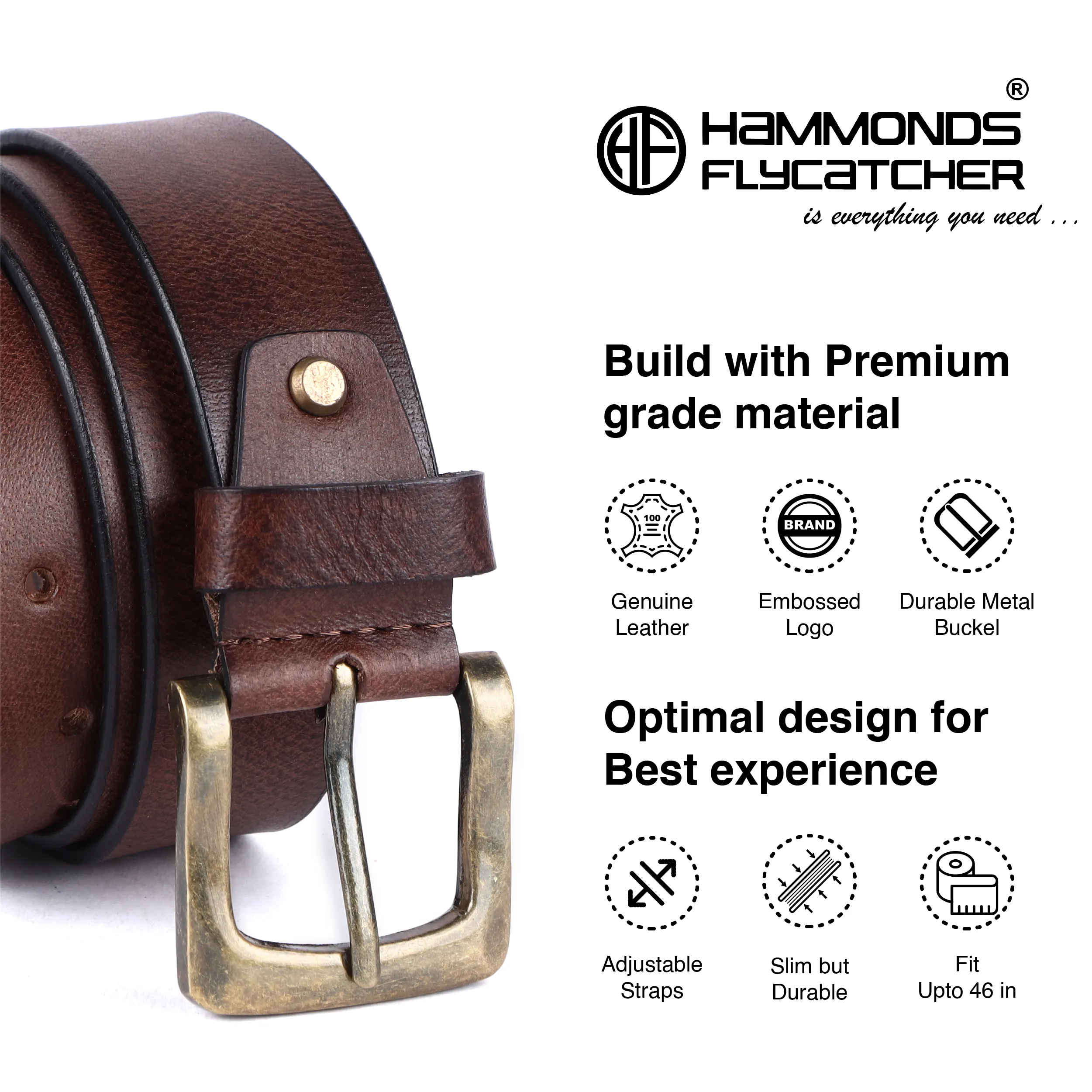 Genuine Leather Belt for Men - Waist Belt Ideal for Casual, Formal - Fits Waist 28-46 Inch
