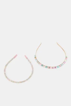 Girls Yellow And Pink Embellished Headband Set (Pack of 2)