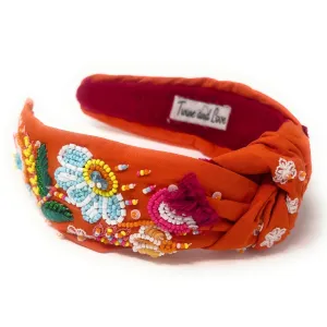 Hand Beaded Orange Floral Knot Headband