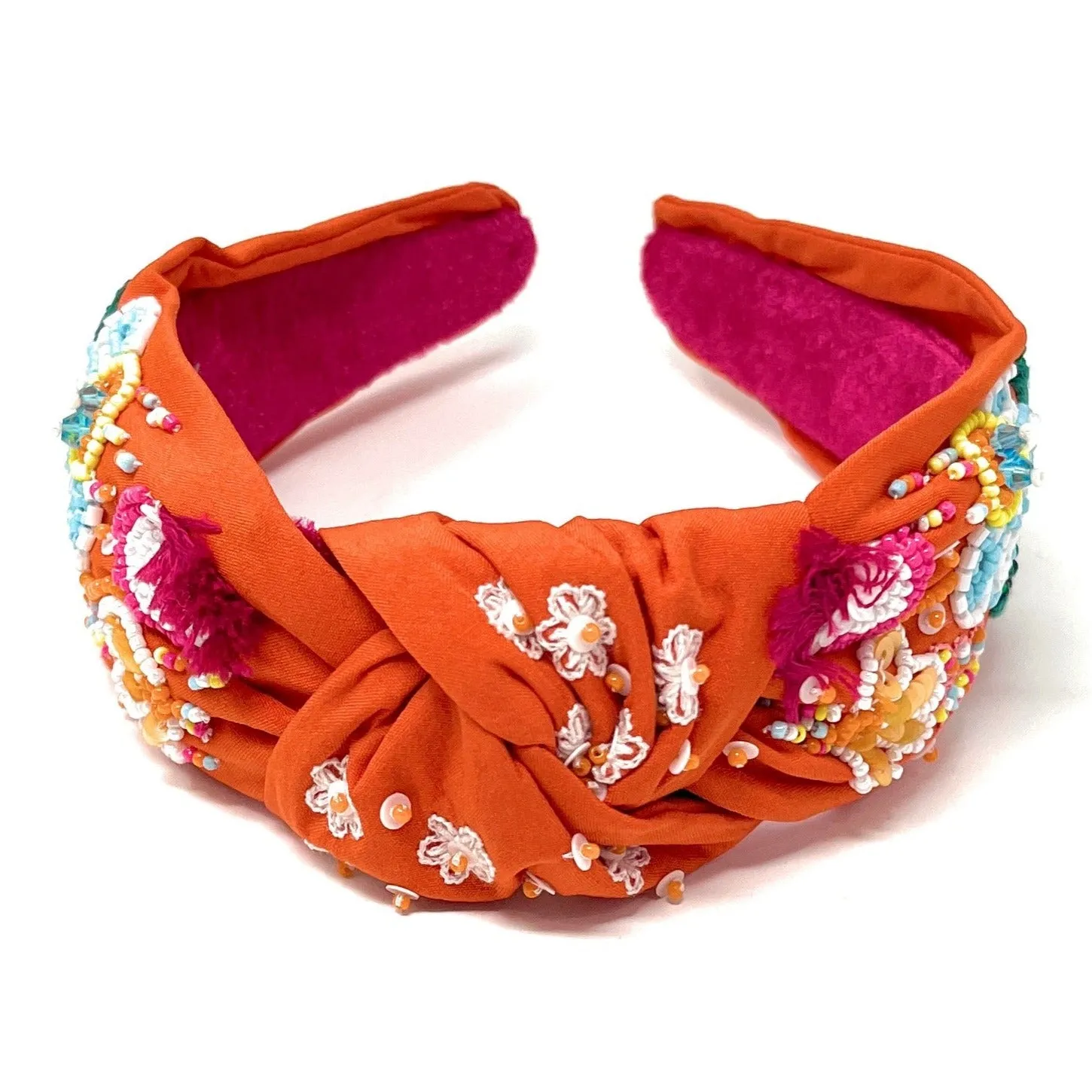 Hand Beaded Orange Floral Knot Headband