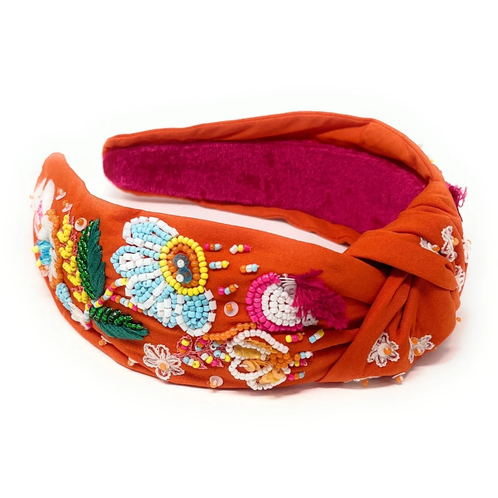 Hand Beaded Orange Floral Knot Headband