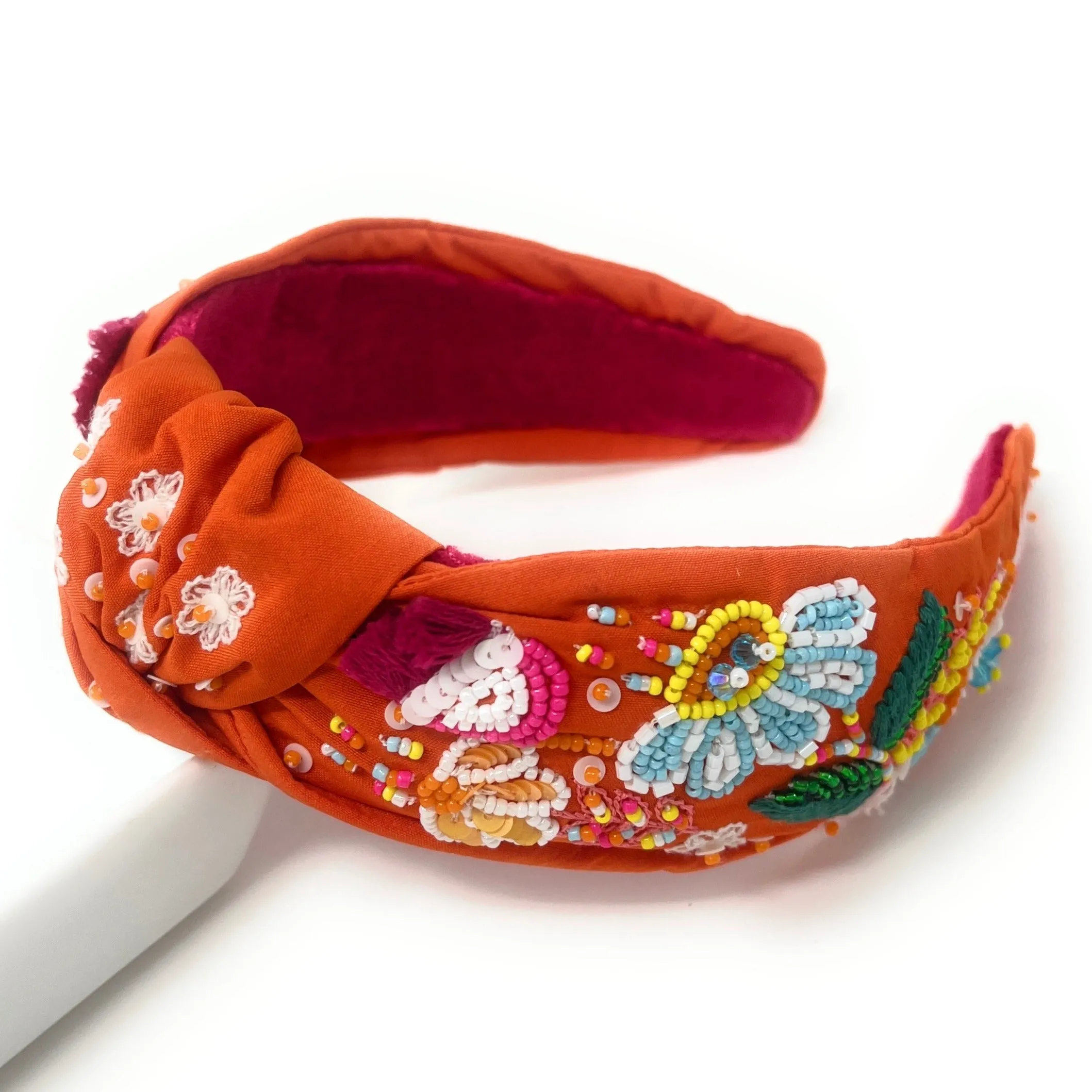 Hand Beaded Orange Floral Knot Headband