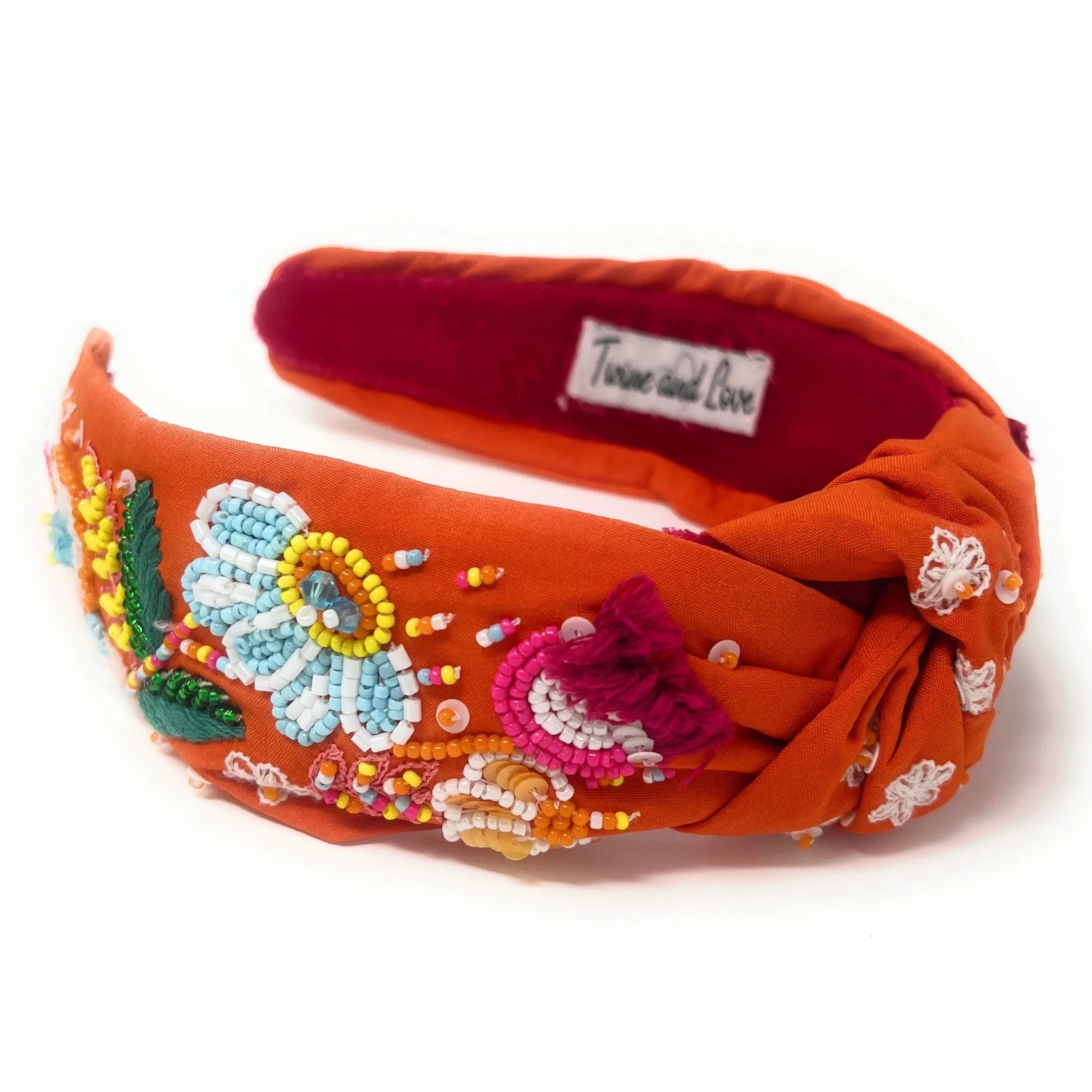 Hand Beaded Orange Floral Knot Headband
