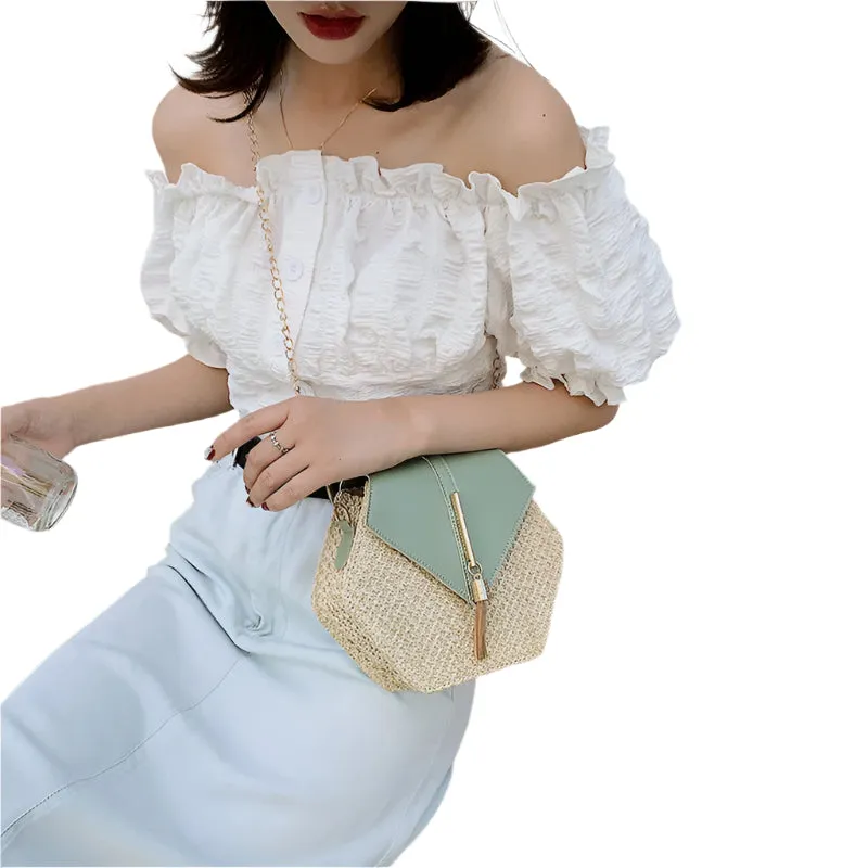 Hex-Shape Multi-Style Straw and Leather Handbag - Women's Summer Rattan Bag, Handmade Woven Beach Circle Bohemian Shoulder Bag, New Fashion