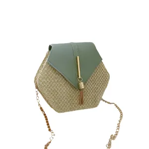 Hex-Shape Multi-Style Straw and Leather Handbag - Women's Summer Rattan Bag, Handmade Woven Beach Circle Bohemian Shoulder Bag, New Fashion