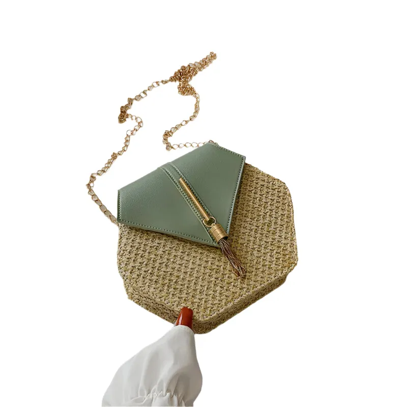 Hex-Shape Multi-Style Straw and Leather Handbag - Women's Summer Rattan Bag, Handmade Woven Beach Circle Bohemian Shoulder Bag, New Fashion