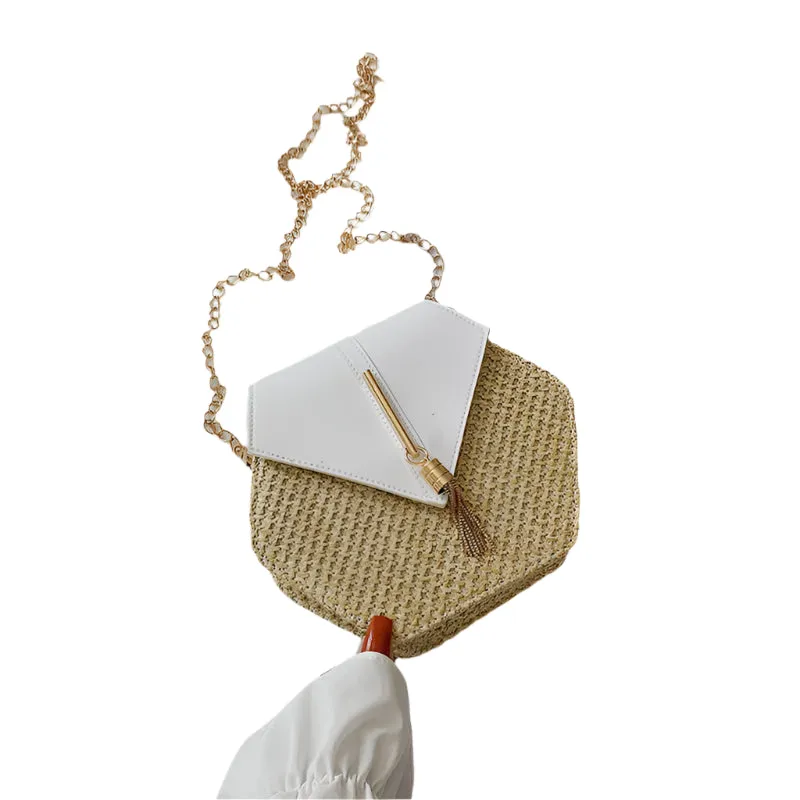 Hex-Shape Multi-Style Straw and Leather Handbag - Women's Summer Rattan Bag, Handmade Woven Beach Circle Bohemian Shoulder Bag, New Fashion
