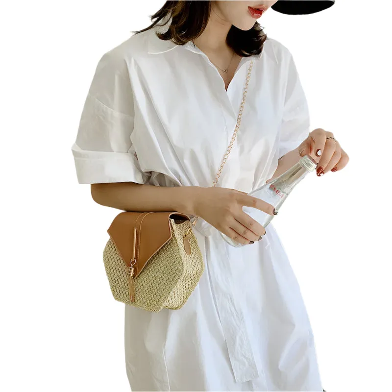 Hex-Shape Multi-Style Straw and Leather Handbag - Women's Summer Rattan Bag, Handmade Woven Beach Circle Bohemian Shoulder Bag, New Fashion