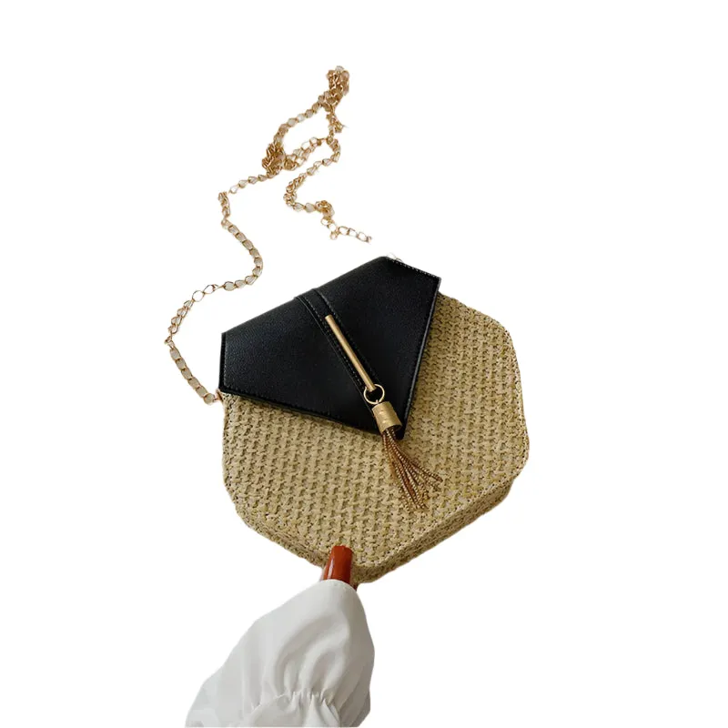 Hex-Shape Multi-Style Straw and Leather Handbag - Women's Summer Rattan Bag, Handmade Woven Beach Circle Bohemian Shoulder Bag, New Fashion