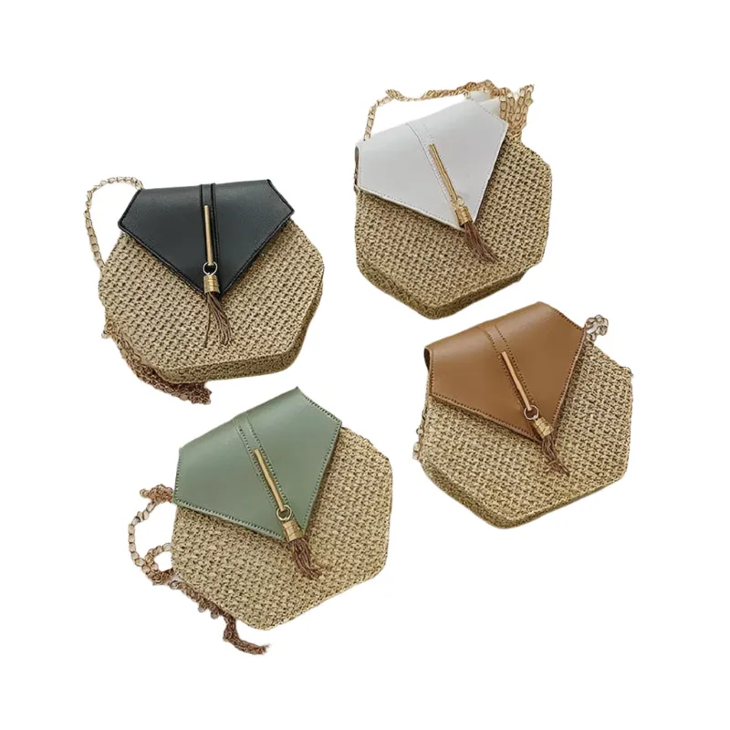 Hex-Shape Multi-Style Straw and Leather Handbag - Women's Summer Rattan Bag, Handmade Woven Beach Circle Bohemian Shoulder Bag, New Fashion