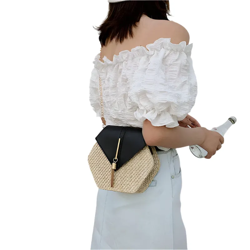 Hex-Shape Multi-Style Straw and Leather Handbag - Women's Summer Rattan Bag, Handmade Woven Beach Circle Bohemian Shoulder Bag, New Fashion