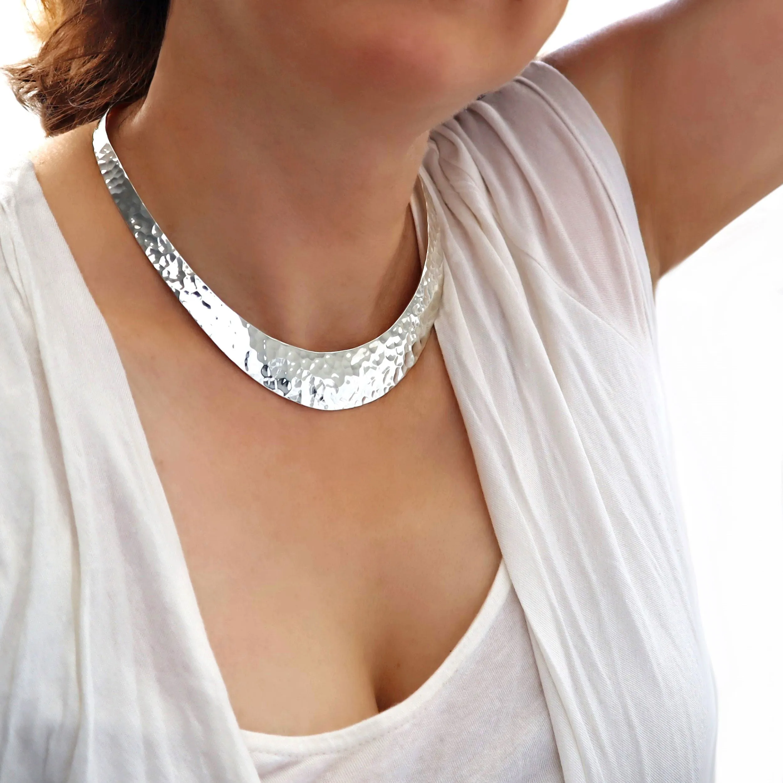 Large Statement Hammered Sterling Silver Choker Necklace