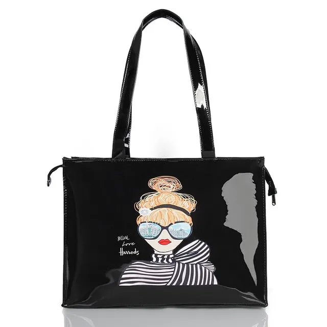 London Style PVC Reusable Shopping Bag Women's Bag Eco Friendly Flower Shopper Bag Waterproof Handbag Lunch Tote Shoulder Bag