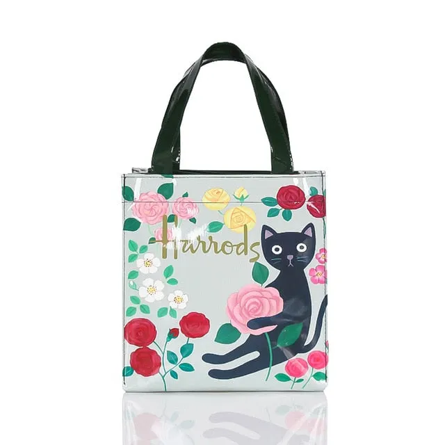 London Style PVC Reusable Shopping Bag Women's Bag Eco Friendly Flower Shopper Bag Waterproof Handbag Lunch Tote Shoulder Bag