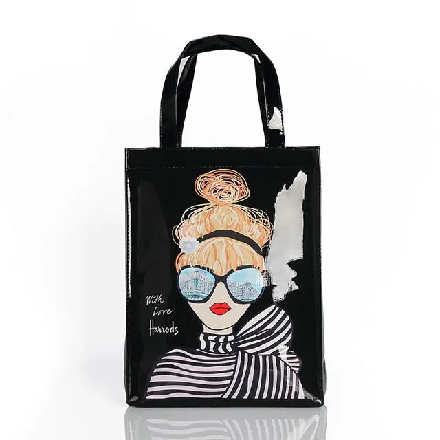London Style PVC Reusable Shopping Bag Women's Bag Eco Friendly Flower Shopper Bag Waterproof Handbag Lunch Tote Shoulder Bag