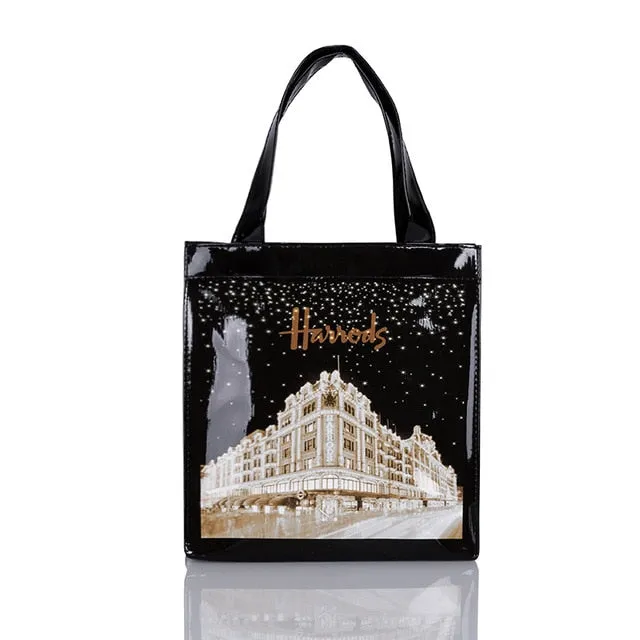 London Style PVC Reusable Shopping Bag Women's Bag Eco Friendly Flower Shopper Bag Waterproof Handbag Lunch Tote Shoulder Bag