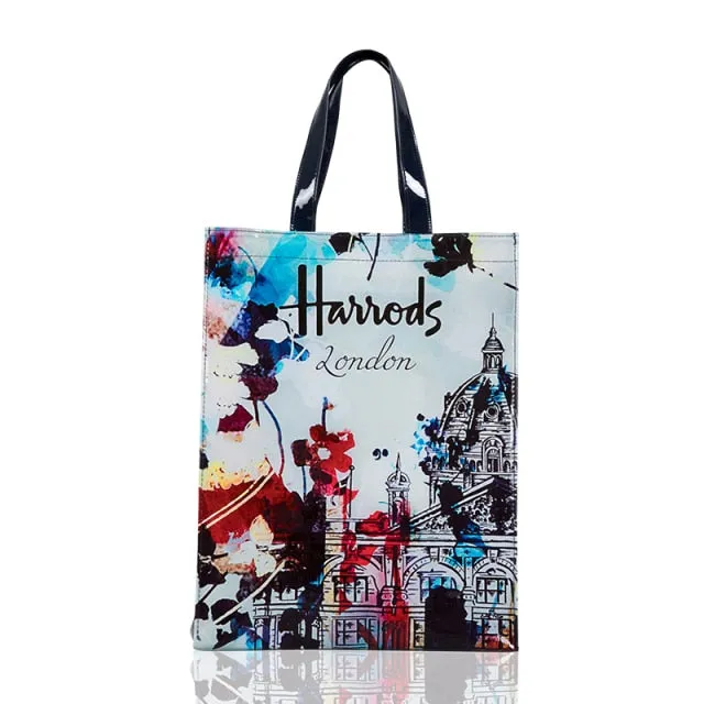 London Style PVC Reusable Shopping Bag Women's Bag Eco Friendly Flower Shopper Bag Waterproof Handbag Lunch Tote Shoulder Bag