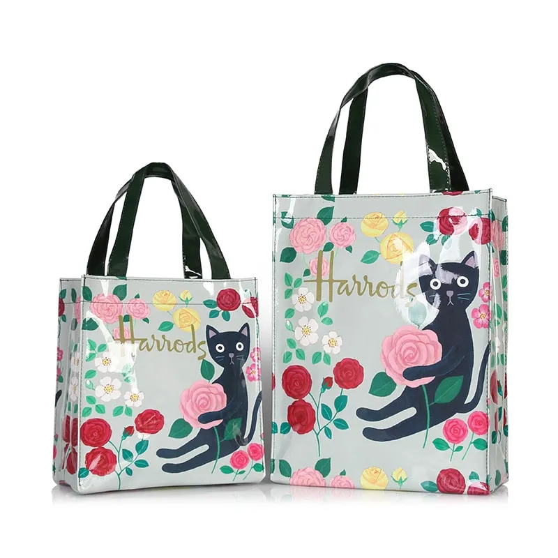 London Style PVC Reusable Shopping Bag Women's Bag Eco Friendly Flower Shopper Bag Waterproof Handbag Lunch Tote Shoulder Bag