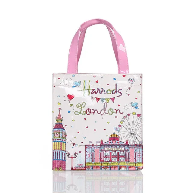 London Style PVC Reusable Shopping Bag Women's Bag Eco Friendly Flower Shopper Bag Waterproof Handbag Lunch Tote Shoulder Bag