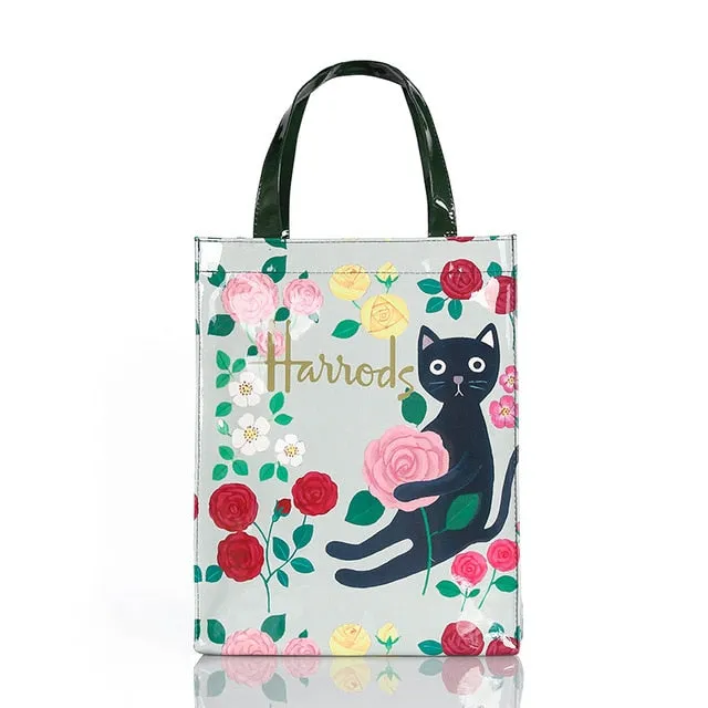 London Style PVC Reusable Shopping Bag Women's Bag Eco Friendly Flower Shopper Bag Waterproof Handbag Lunch Tote Shoulder Bag
