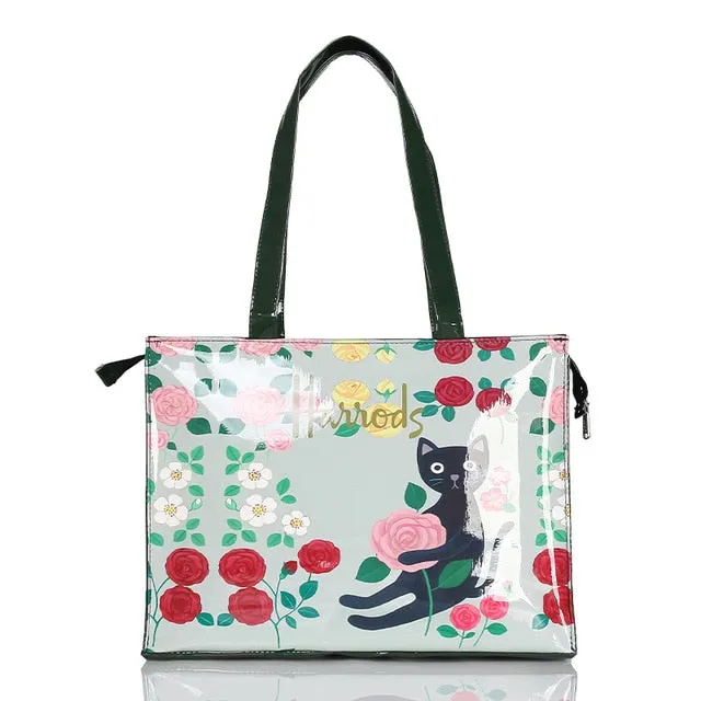 London Style PVC Reusable Shopping Bag Women's Bag Eco Friendly Flower Shopper Bag Waterproof Handbag Lunch Tote Shoulder Bag