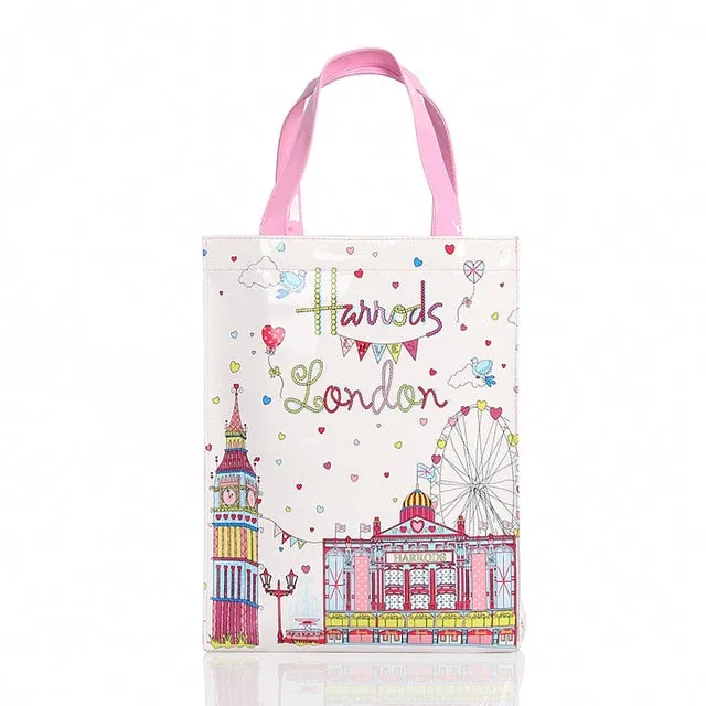 London Style PVC Reusable Shopping Bag Women's Bag Eco Friendly Flower Shopper Bag Waterproof Handbag Lunch Tote Shoulder Bag
