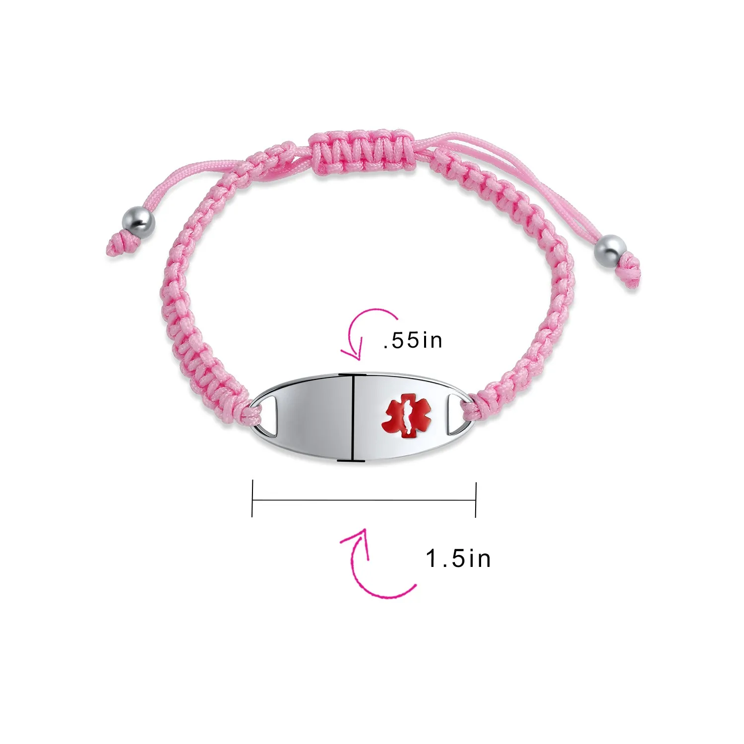 Medical ID Bracelet with Pink Braided Cord and Stainless Steel Clasp
