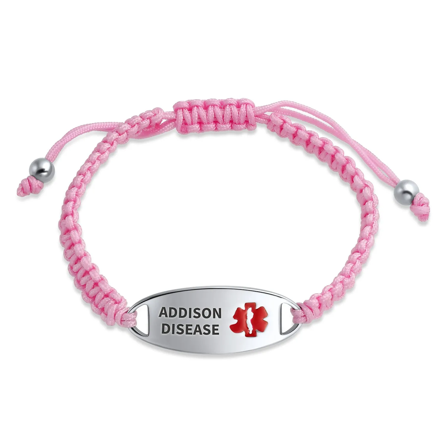Medical ID Bracelet with Pink Braided Cord and Stainless Steel Clasp