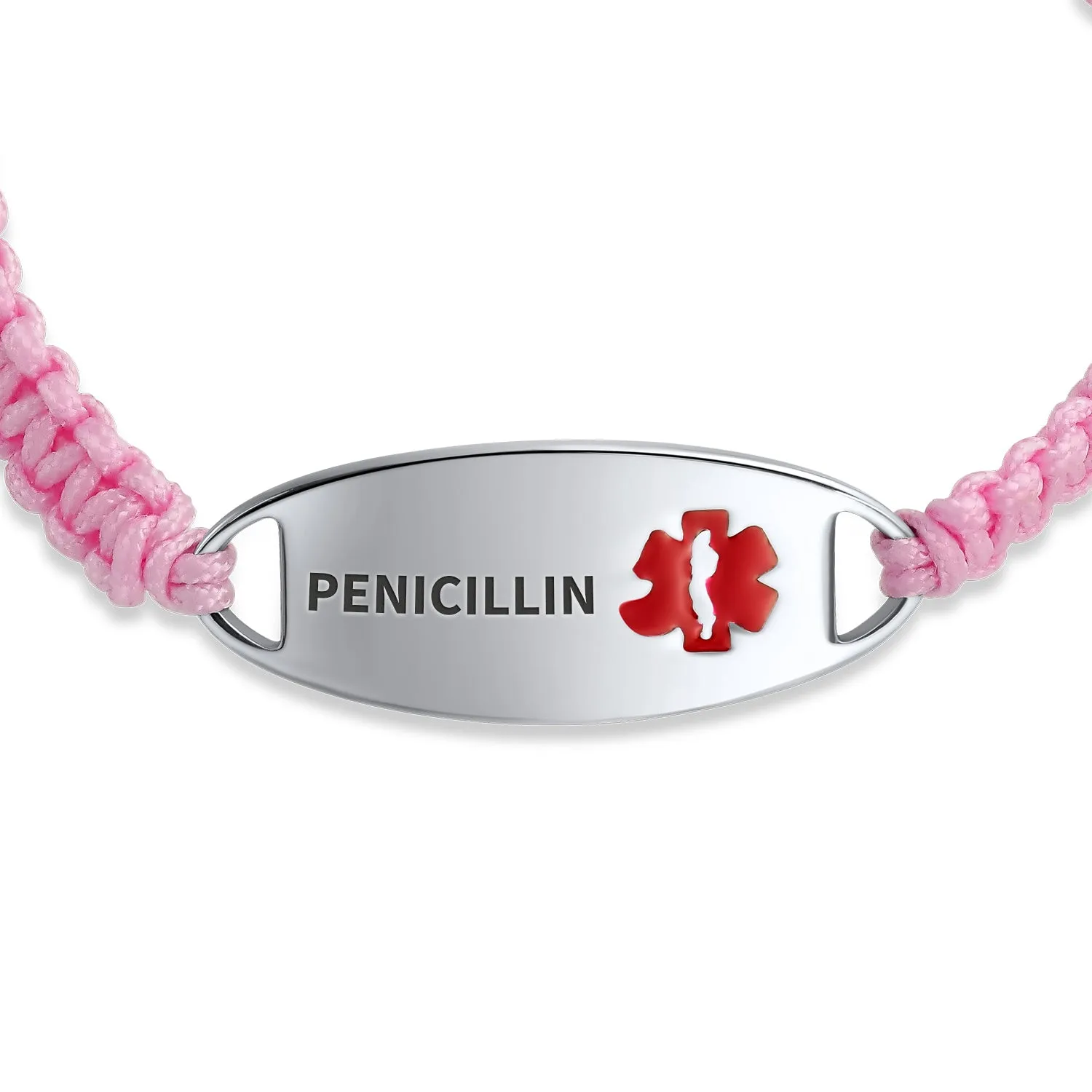 Medical ID Bracelet with Pink Braided Cord and Stainless Steel Clasp