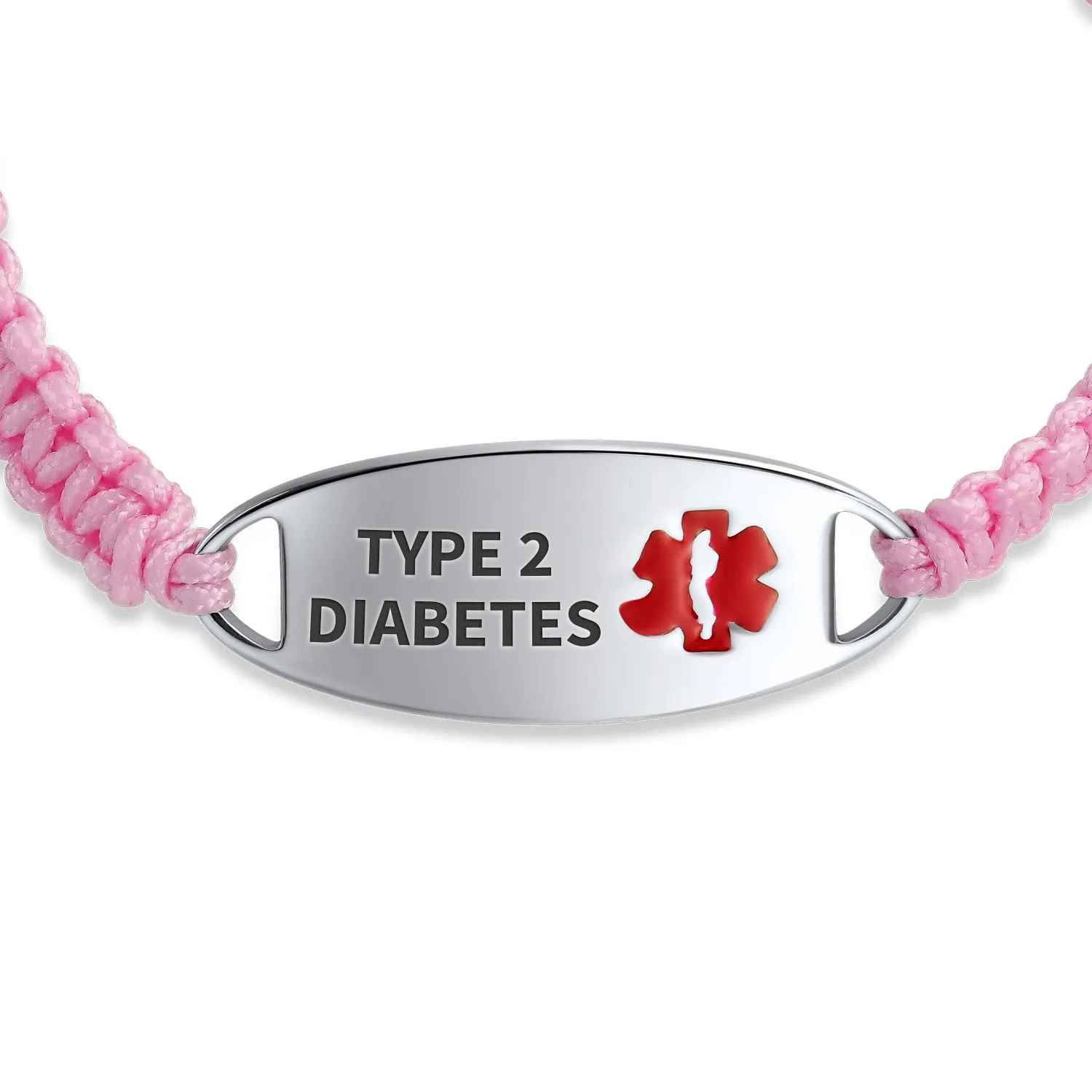 Medical ID Bracelet with Pink Braided Cord and Stainless Steel Clasp