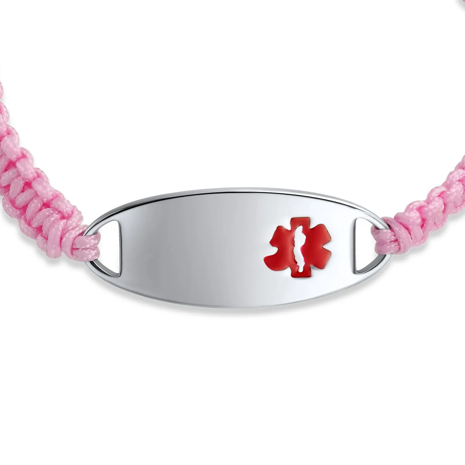 Medical ID Bracelet with Pink Braided Cord and Stainless Steel Clasp