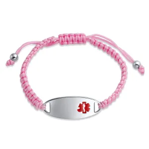 Medical ID Bracelet with Pink Braided Cord and Stainless Steel Clasp