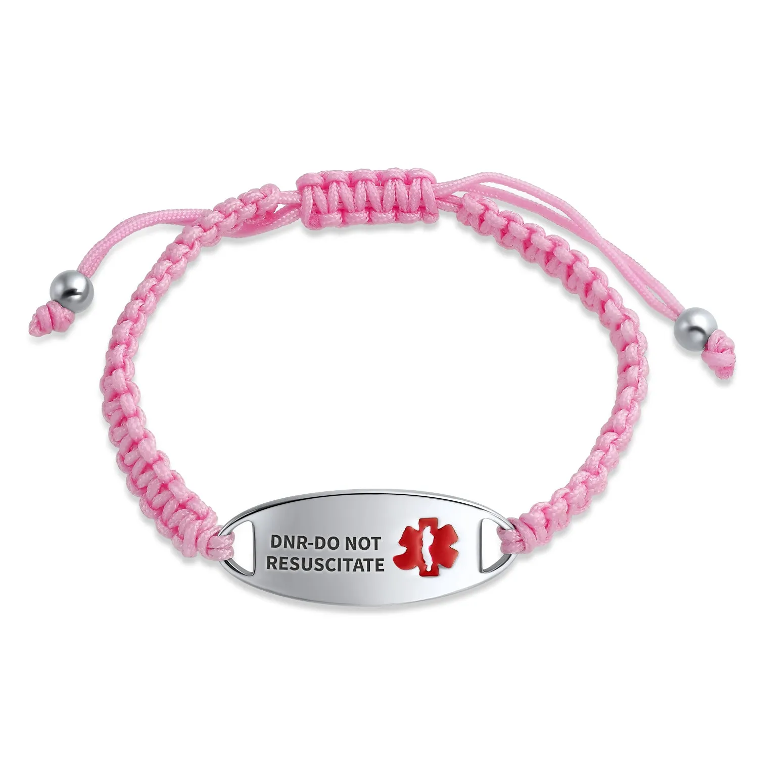 Medical ID Bracelet with Pink Braided Cord and Stainless Steel Clasp
