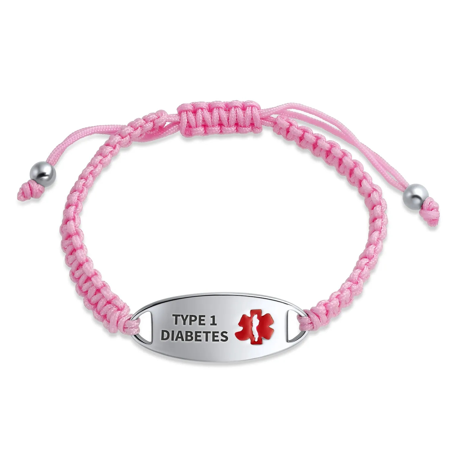 Medical ID Bracelet with Pink Braided Cord and Stainless Steel Clasp