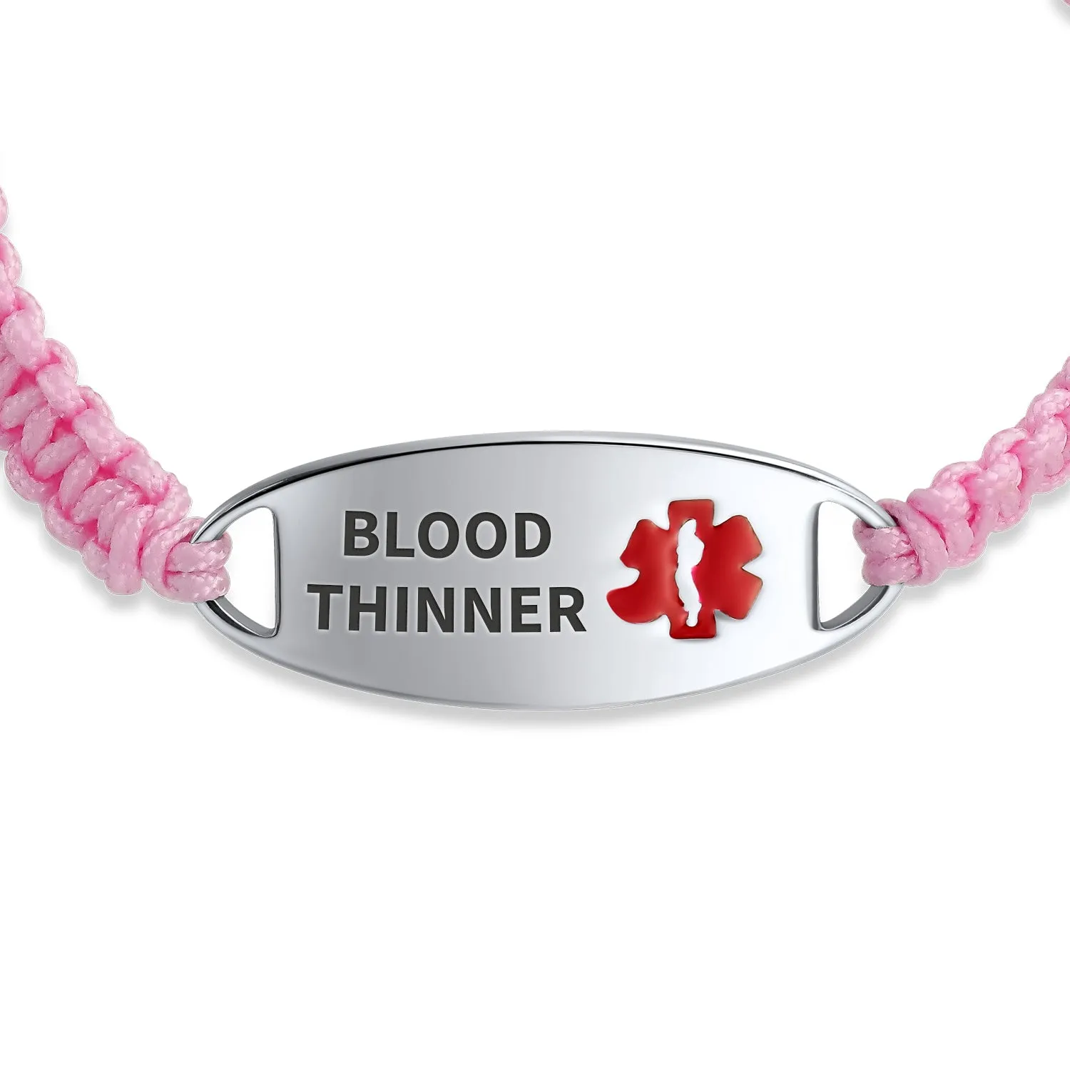 Medical ID Bracelet with Pink Braided Cord and Stainless Steel Clasp