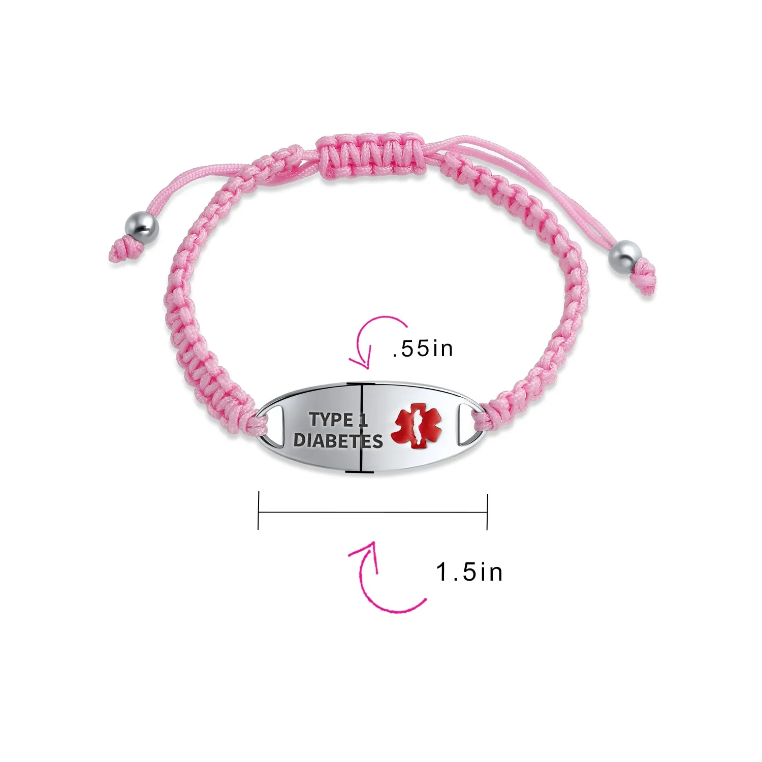 Medical ID Bracelet with Pink Braided Cord and Stainless Steel Clasp
