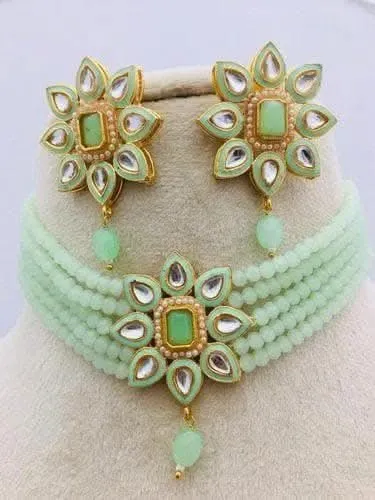 Meenakari star chokar jewellery with earrings (light green)