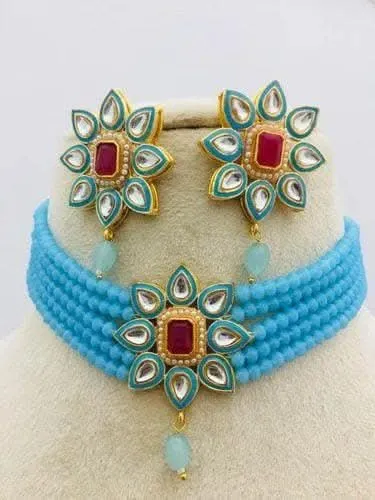 Meenakari star chokar necklace with earrings (blue)