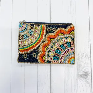 Navy, Orange, Taupe Print Beaded Pouch