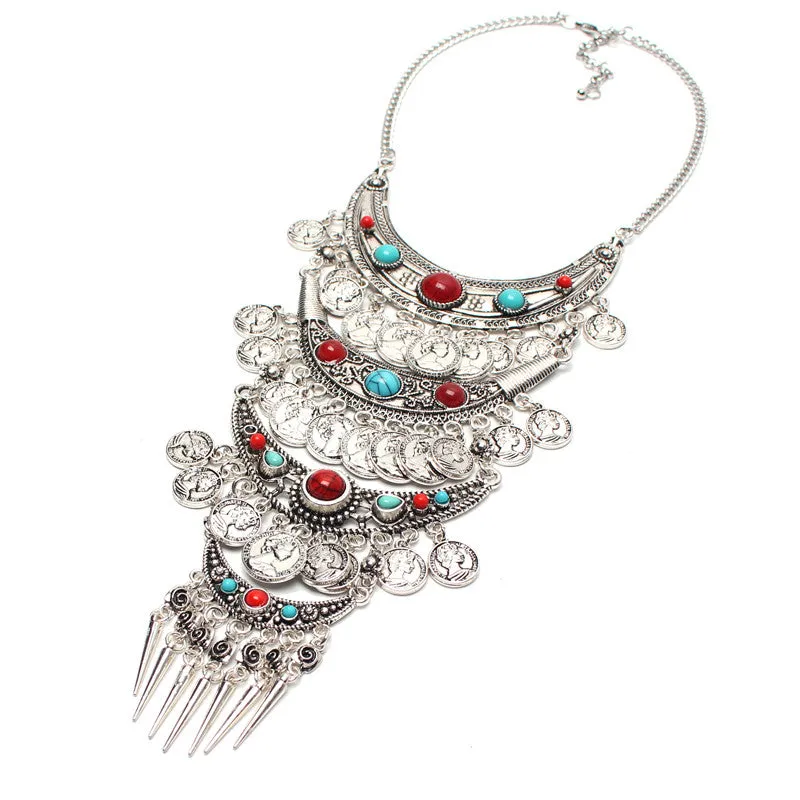 New Design Fashion choker Statement Bohemian necklace pendants Vintage Coin Silver maxi Necklace Women fine Jewelry