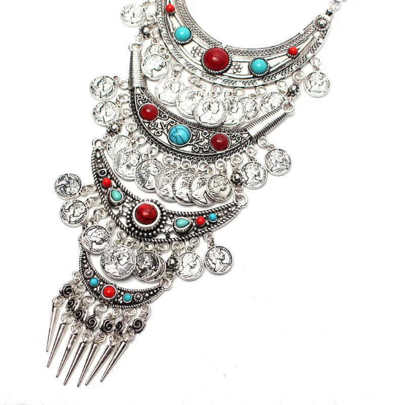 New Design Fashion choker Statement Bohemian necklace pendants Vintage Coin Silver maxi Necklace Women fine Jewelry